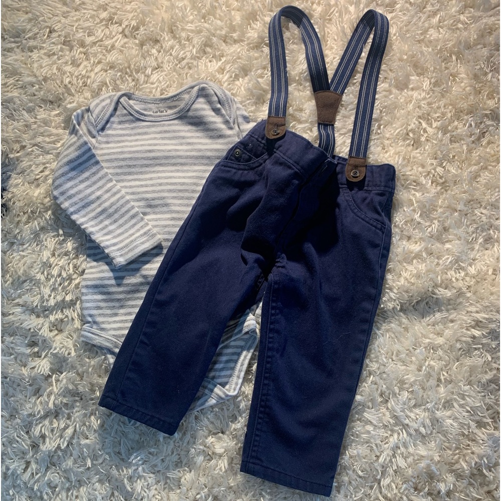 CARTER’S LOT OF 2 1 LONG SLEEVE ONE-PIECE & 1 PAIR OF PANTS WITH SUSPENDERS